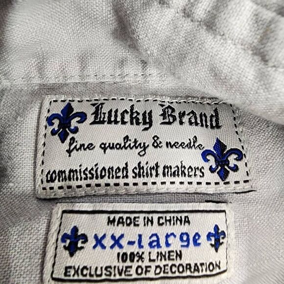 Lucky Brand Linen Shirt Size XXL Embroidered Long-Sleeve Button-up Men's Grey - Picture 4 of 5